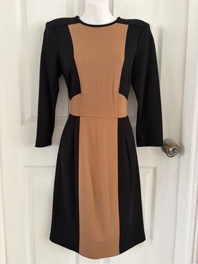 Nanette Lepore Black and Camel Panel Long-Sleeve Sheath Dress